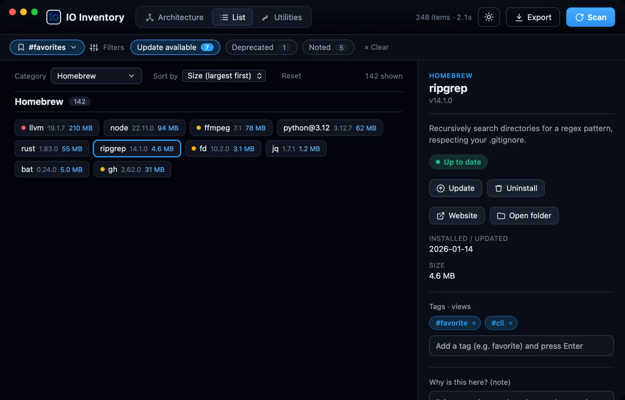 IO Inventory's list view filtered to Homebrew packages, with ripgrep selected showing its version, description, up-to-date status, and Update, Uninstall, Website and Open folder actions alongside tags and notes.